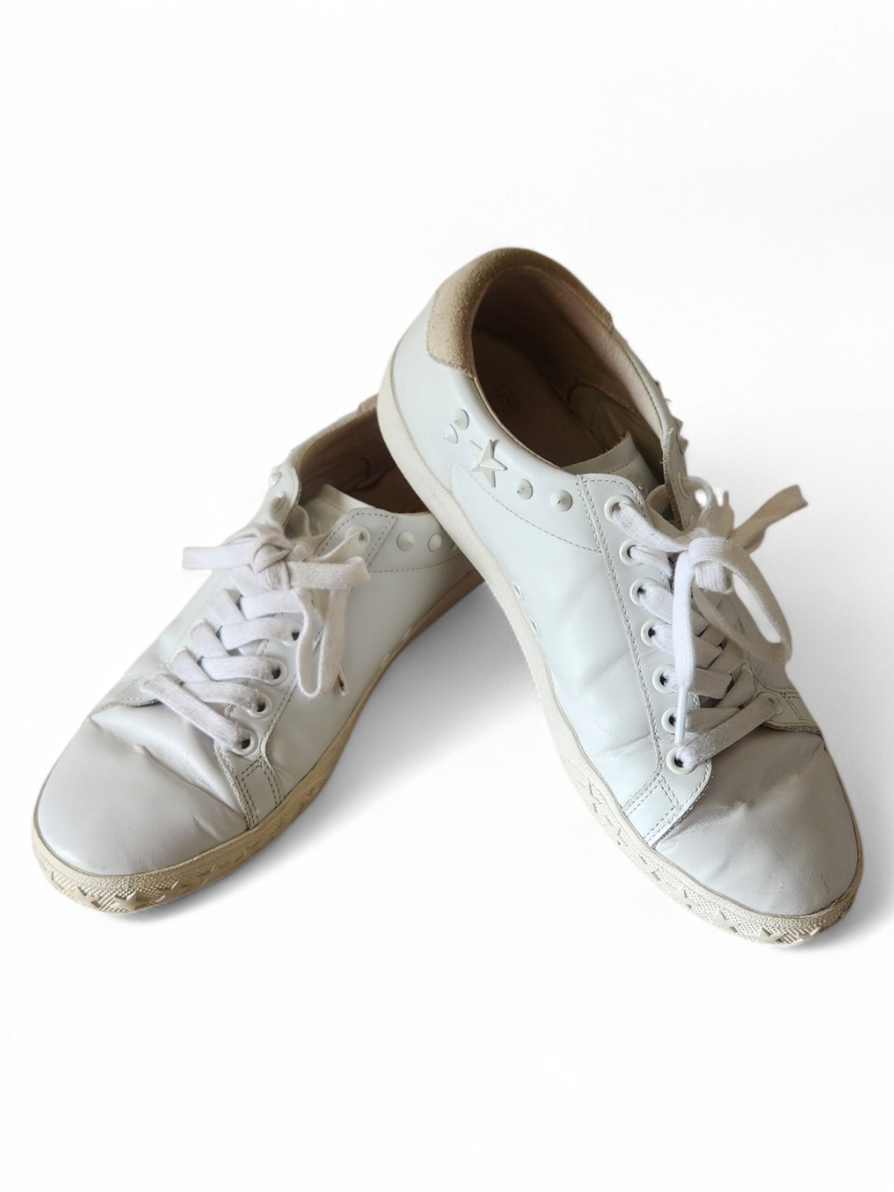 Ash White Leather Low-Top Sneakers with Beige Heel Star & Stud Accents